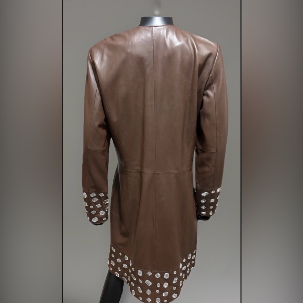Boston Proper Brown Leather Embellished Long Coat Jacket Sz M Unique - Picture 3 of 10